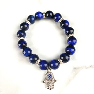 Dyed Blue Tigers Eye Bracelet with Hamsa Charm with Rhinestones Healing Crystal